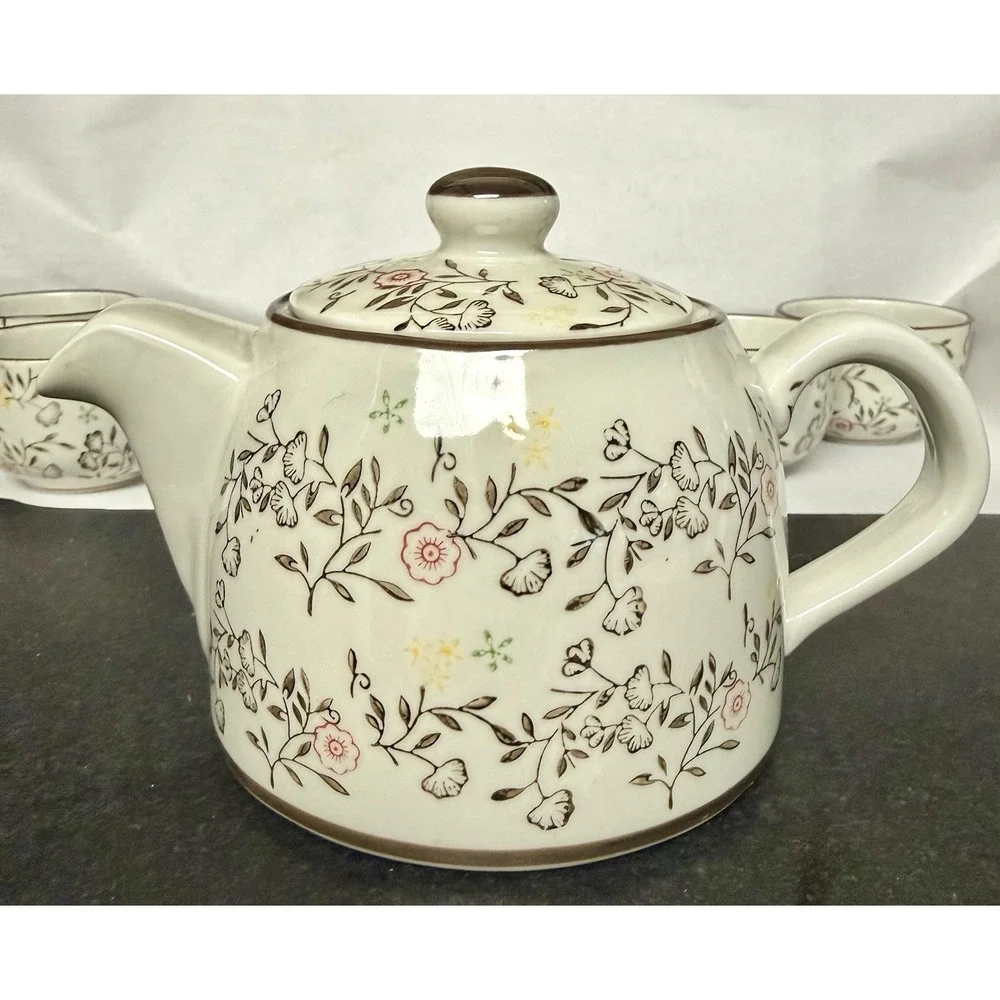 Pier 1 Import Tomoko Tea Set Teapot and 4 Cups Floral hand painted